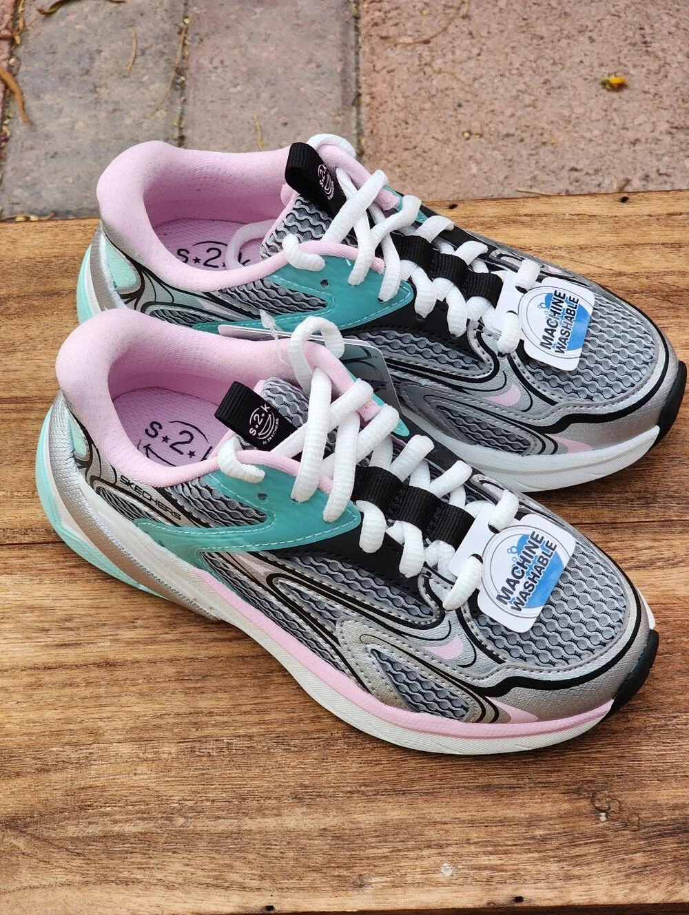 Skechers Girls' S2K Silver Multi Machine Washable Sneakers (Youth) Size 12